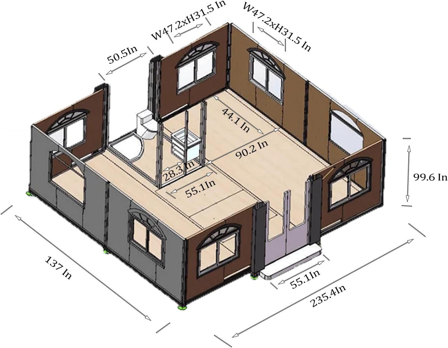 Tiny Home 13x20ft Foldable Prefab House 1 Kitchen, 1 Bathroom, 2 Rooms, 1 Living - Tiny Homes Outlet