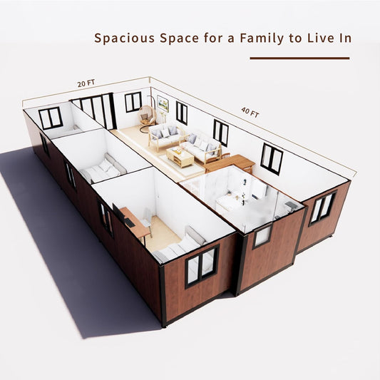Tiny Home 20x40ft Foldable Prefab House 1 Kitchen, 1 Bathroom, 3 Rooms, 1 Living