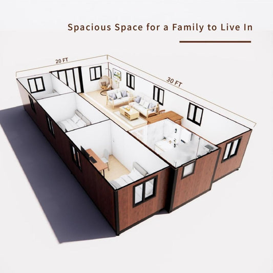 Tiny Home 20x30ft Foldable Prefab House 1 Kitchen, 1 Bathroom, 3 Rooms, 1 Living 800 square feet - Tiny Homes Outlet