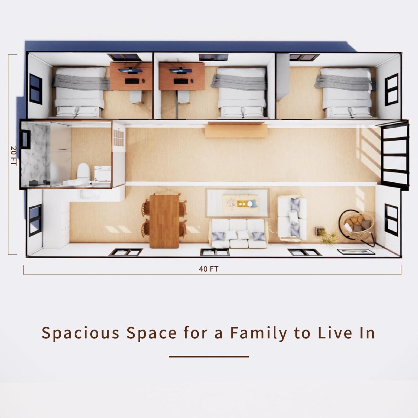 Tiny Home 20x40ft Foldable Prefab House 1 Kitchen, 1 Bathroom, 3 Rooms, 1 Living - Tiny Homes Outlet